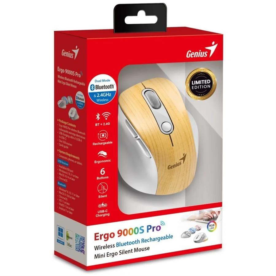 Mouse GENIUS RS2 ERGO 9000S PRO Madera | Inalámbrico | Recargable